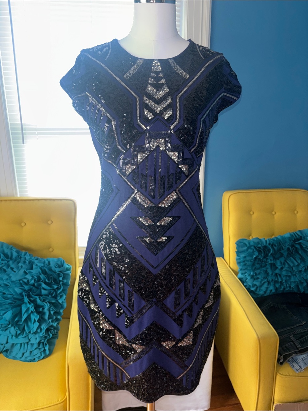 Express Navy and Black Sequin Geometric Mini Dress